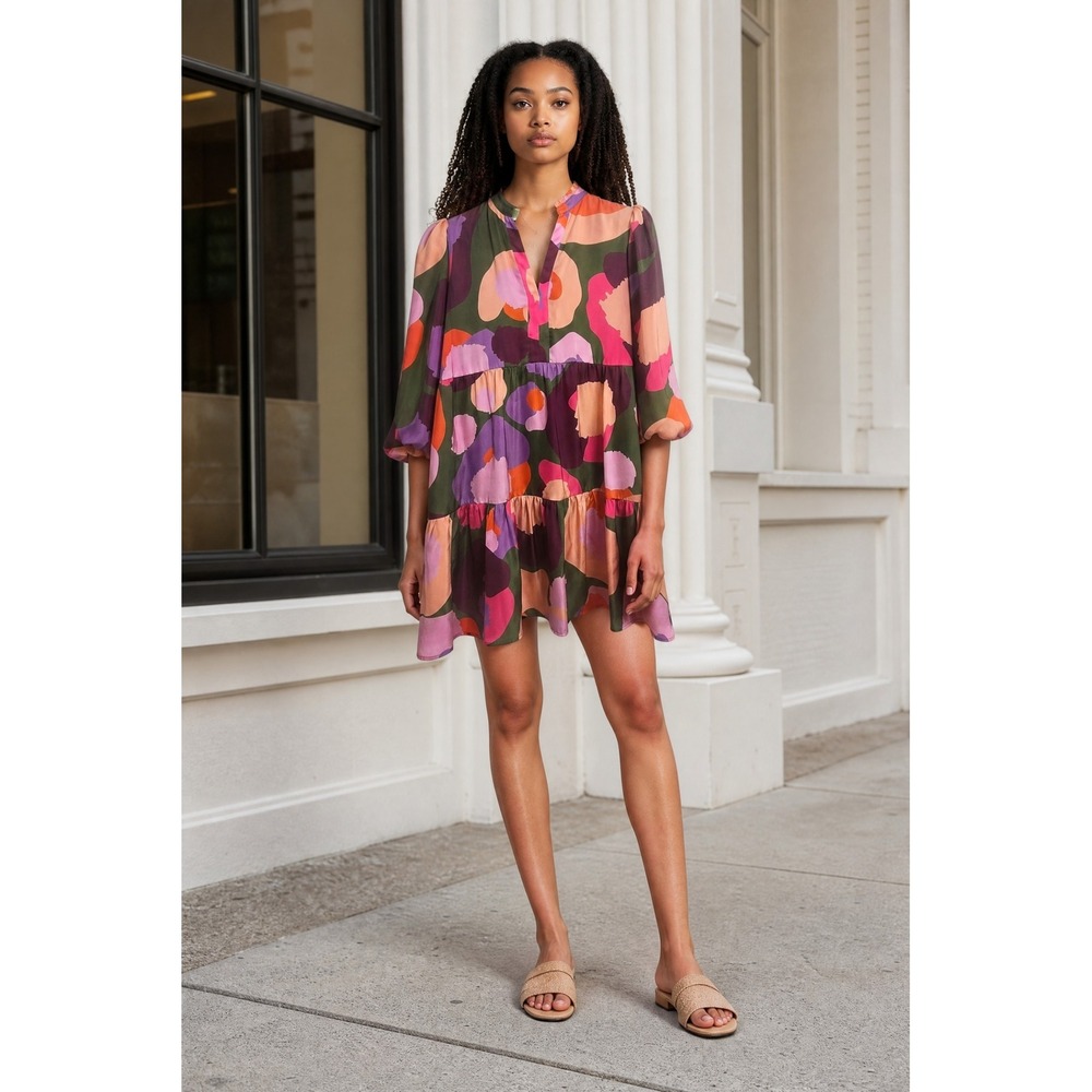 Emily McCarthy Frankie Dress S Electric Cheetah Whimsy Bold Print Tiered Mini